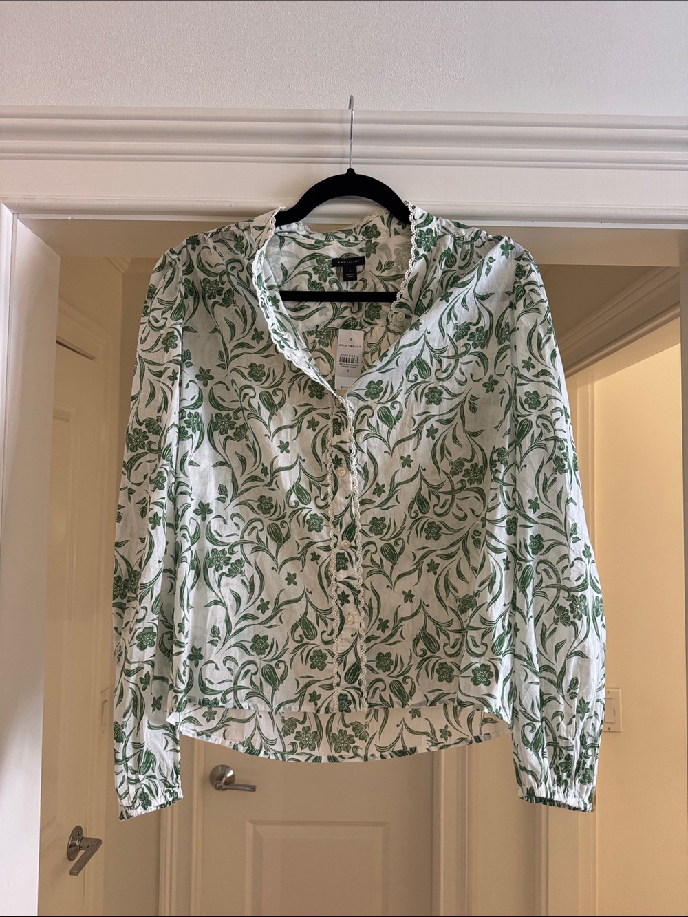 Ann Taylor White Blouse with Green Floral Print